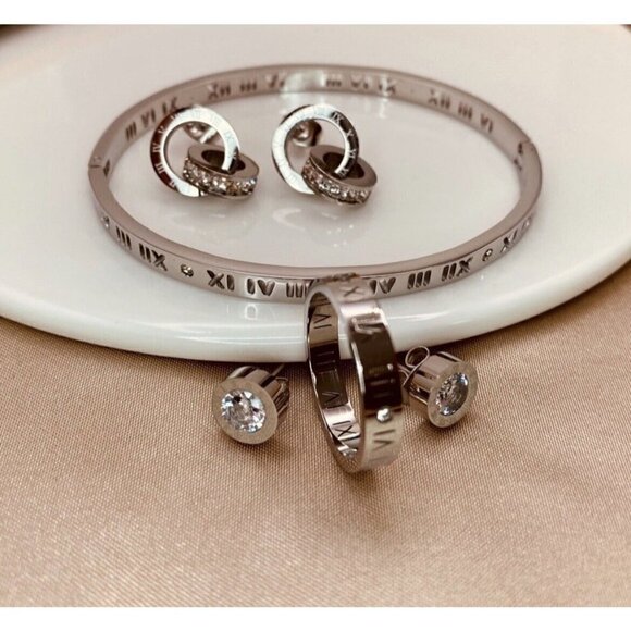 White Gold Roman Numeral Bangle Bracelet Cubic Zirconia Stackable womens jewelry - Picture 6 of 9